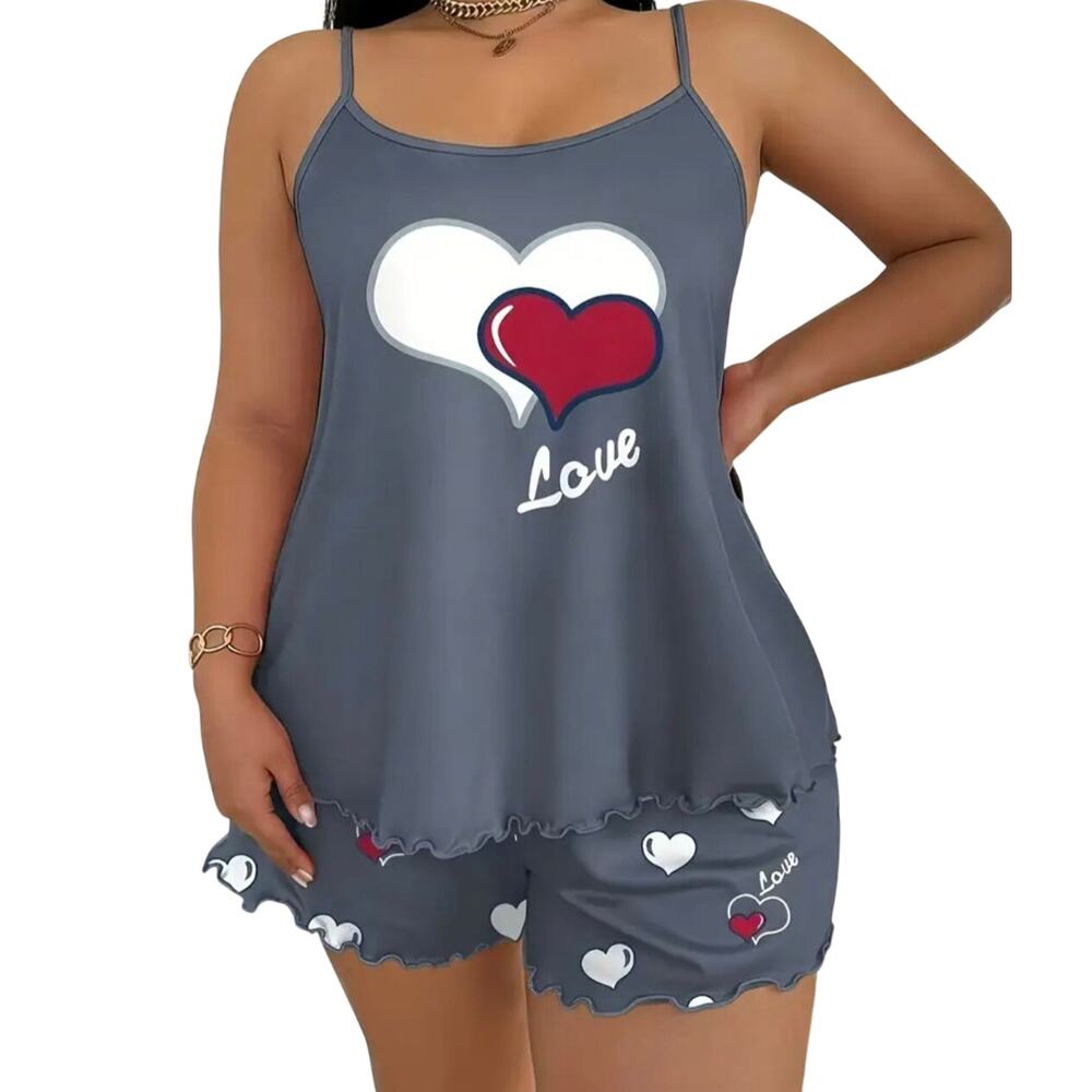 Women’s 2-Piece Pajama Set Grey Cami Top & Heart Print Shorts Sleepwear